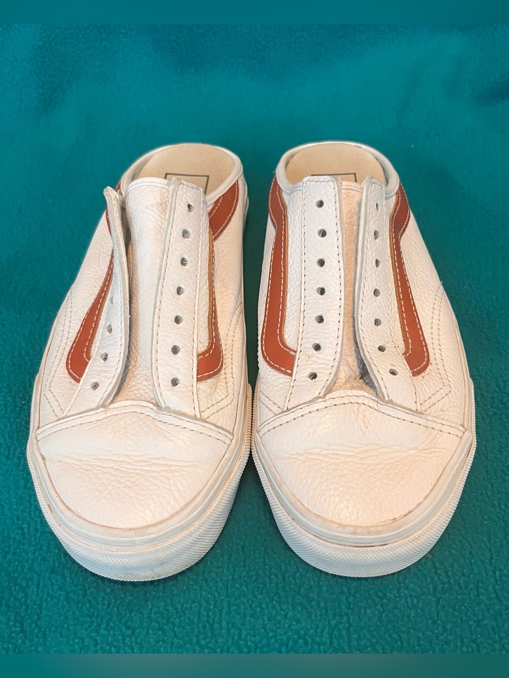 Van’sWhite Leather Slip-On Sneakers with Burnt Orange Accent Sz 7.5